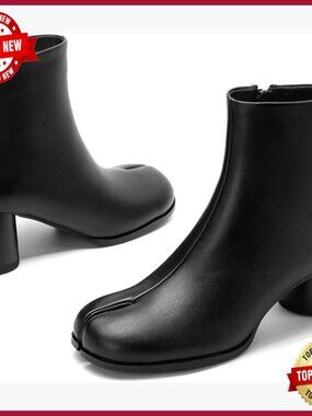 Split Toe Ankle Boots Chunky Low Heeled Tabi Shoes Faux Leather Bootie with